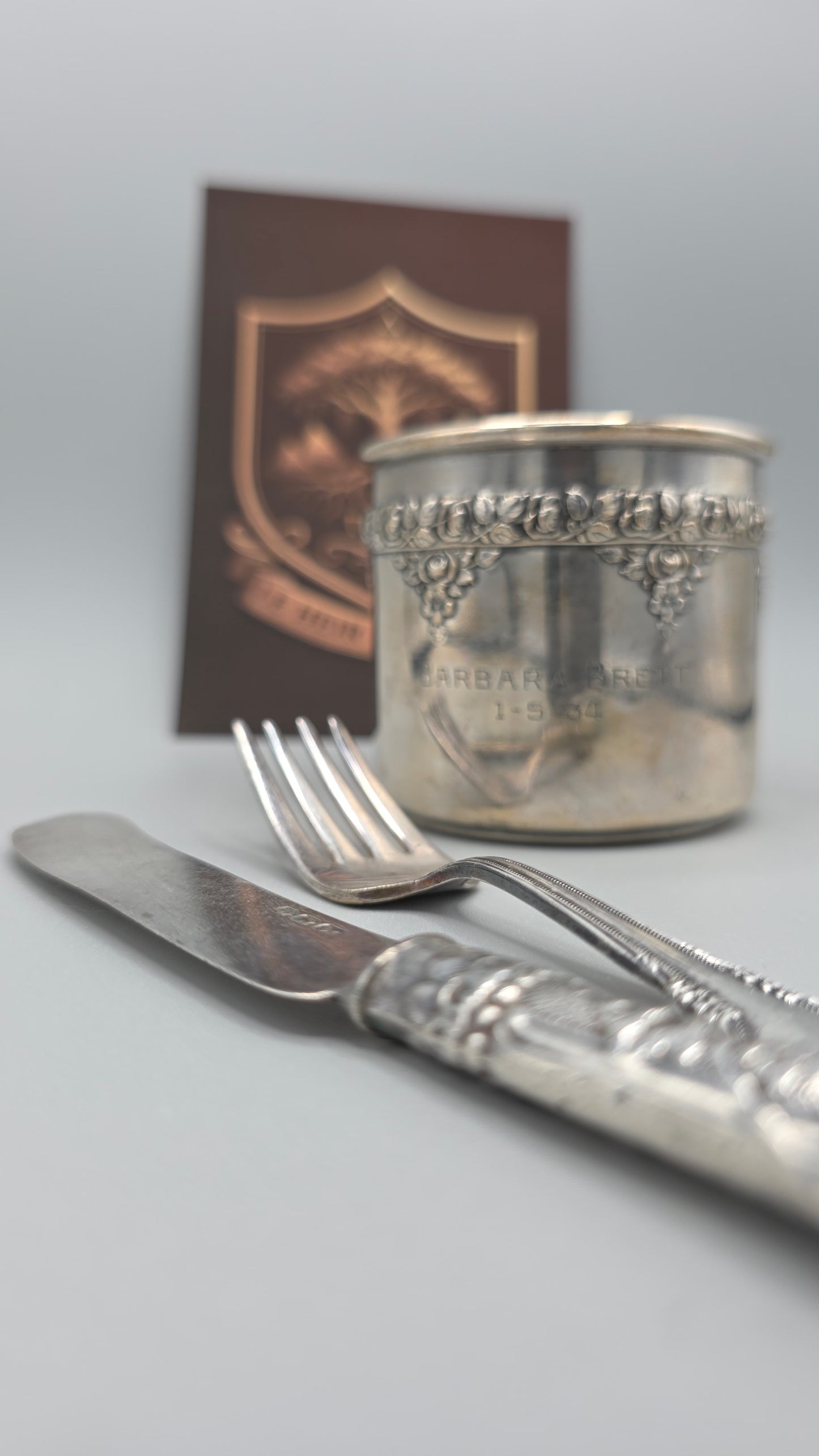 Antique Silver Baby Cup with 1847 Rogers Bros “Remembrance” Fork & Knife – LeHue Exclusive