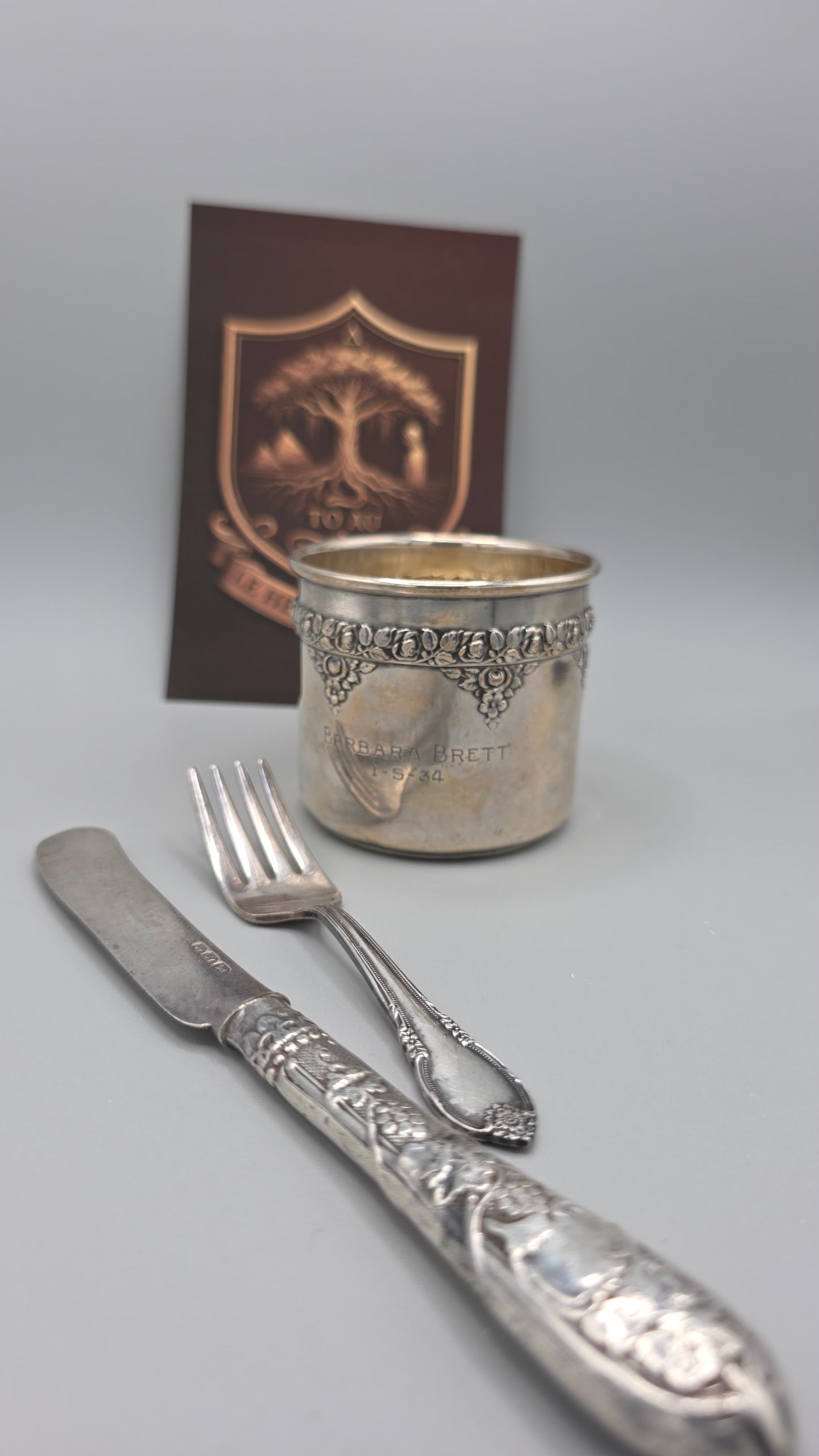 Antique Silver Baby Cup with 1847 Rogers Bros “Remembrance” Fork & Knife – LeHue Exclusive
