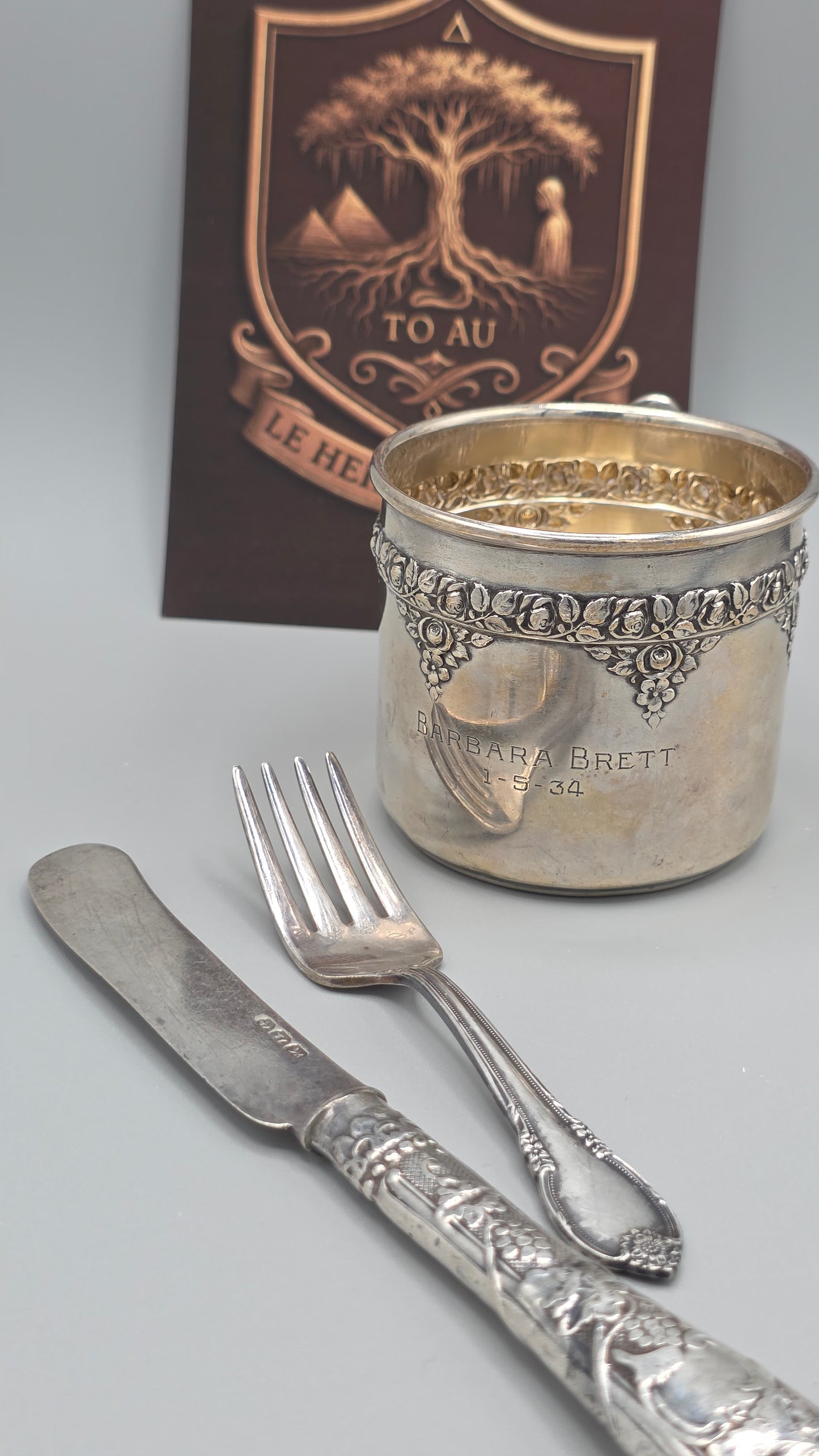 Antique Silver Baby Cup with 1847 Rogers Bros “Remembrance” Fork & Knife – LeHue Exclusive
