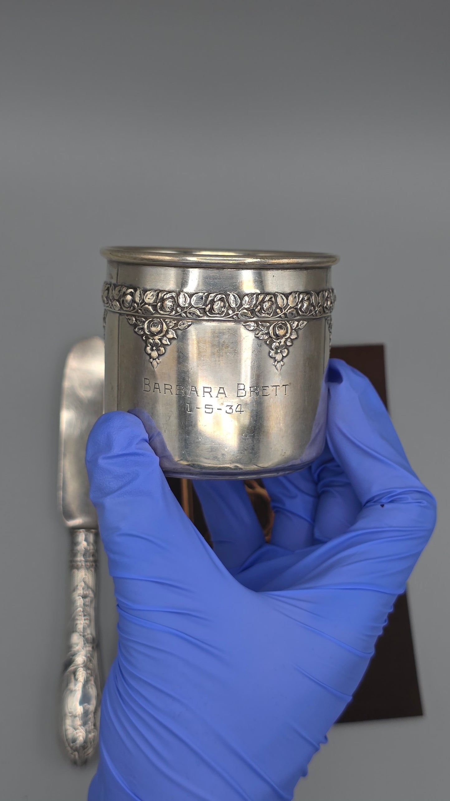Antique Silver Baby Cup with 1847 Rogers Bros “Remembrance” Fork & Knife – LeHue Exclusive