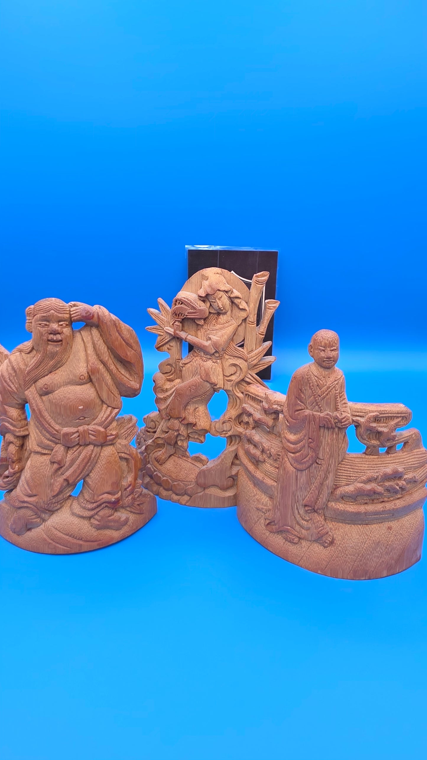 Set of 3 Hand-Carved Wooden Figurines - Intricate Asian Art Decor