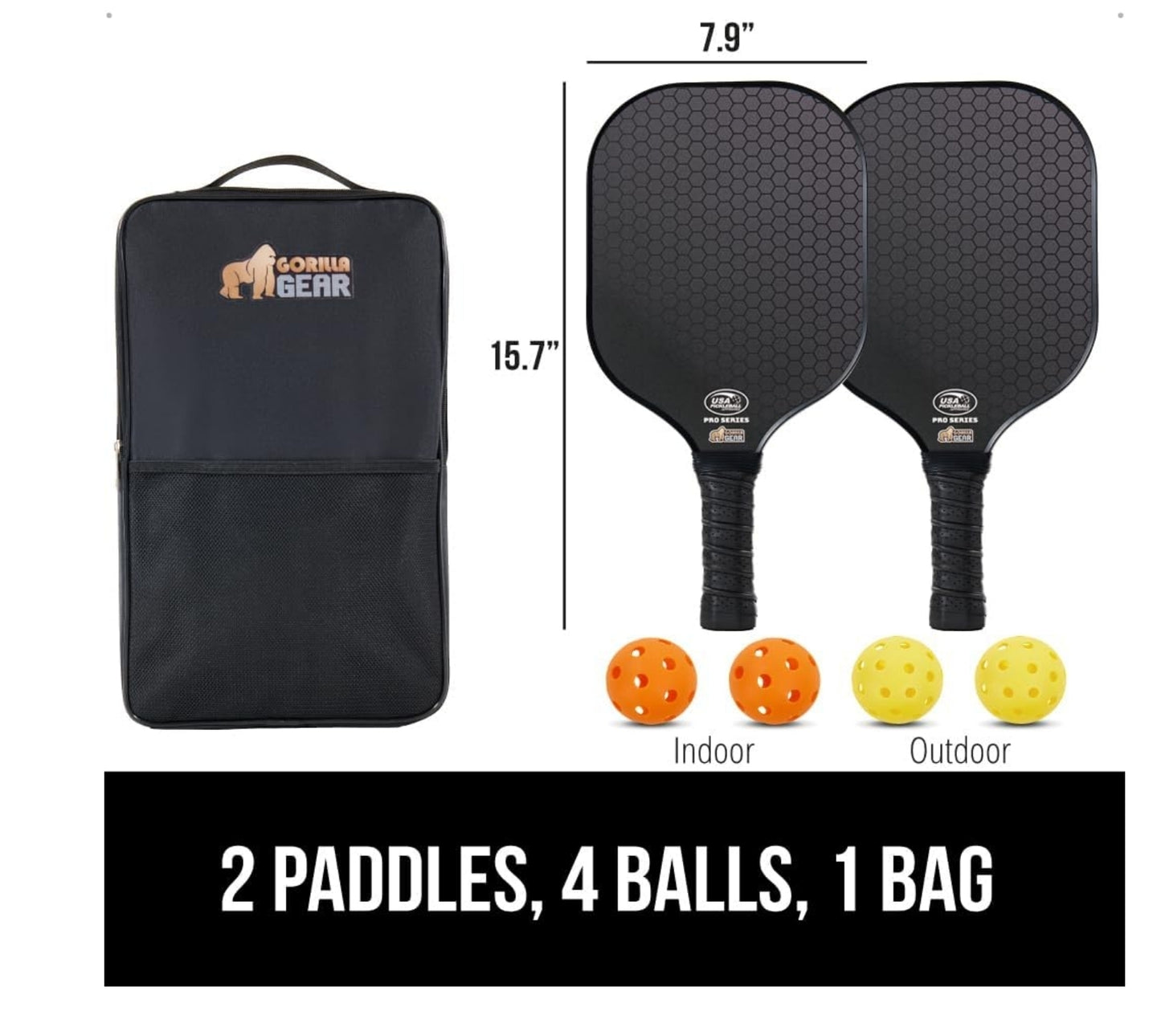 Gorilla Gear USAPA Approved Pickleball Set – 2 Fiberglass Paddles, 4 Balls & Carry Bag | Pro Series