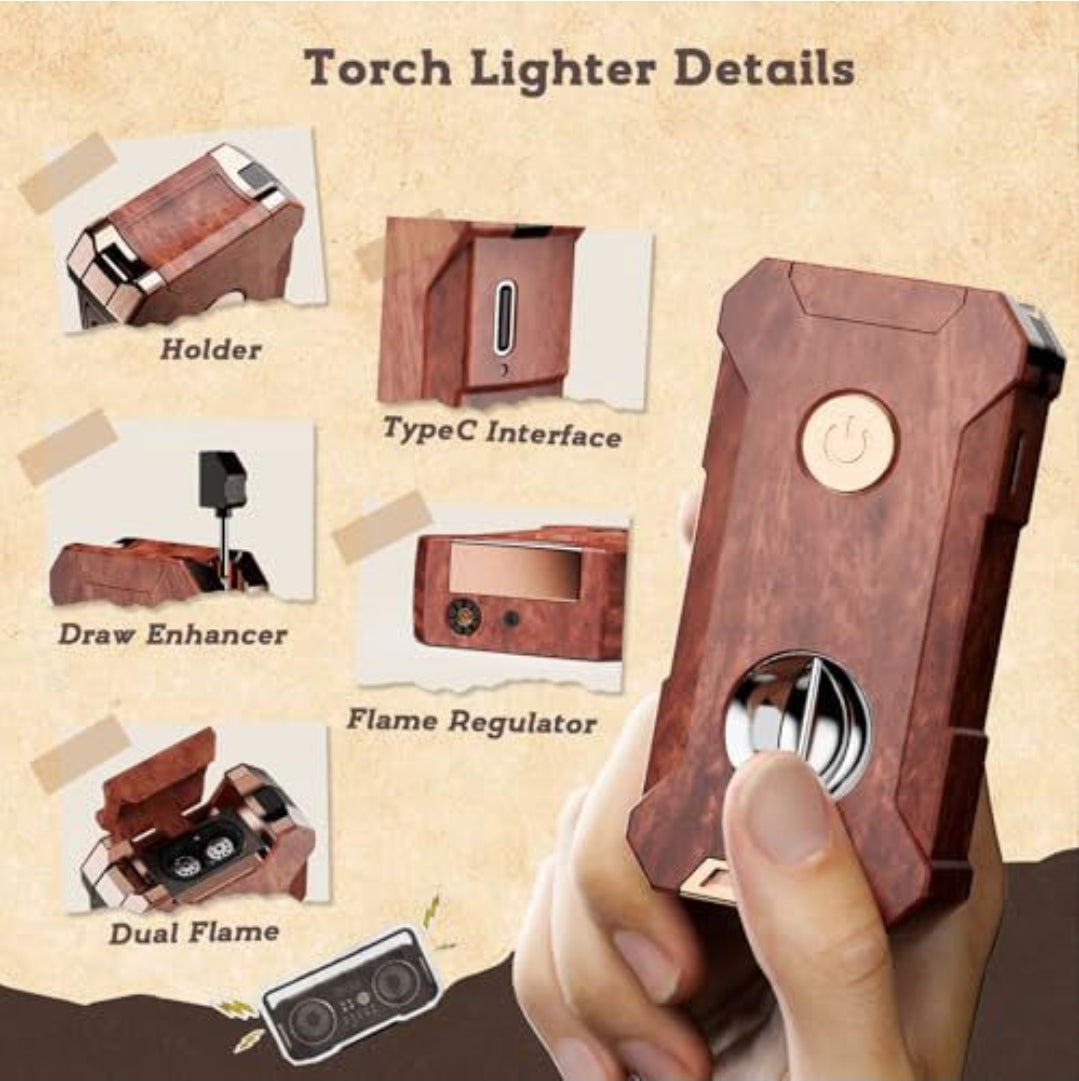 Dual Torch 5-in-1 Lighter – Cutter, Punch, Holder & USB-C Rechargeable