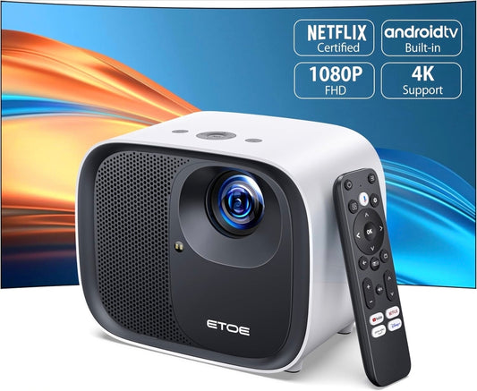 ETOE 1080P Portable Projector w/ HAKO Mini Android TV | Dual 10W Speakers, Digital Keystone, Netflix & YouTube Ready