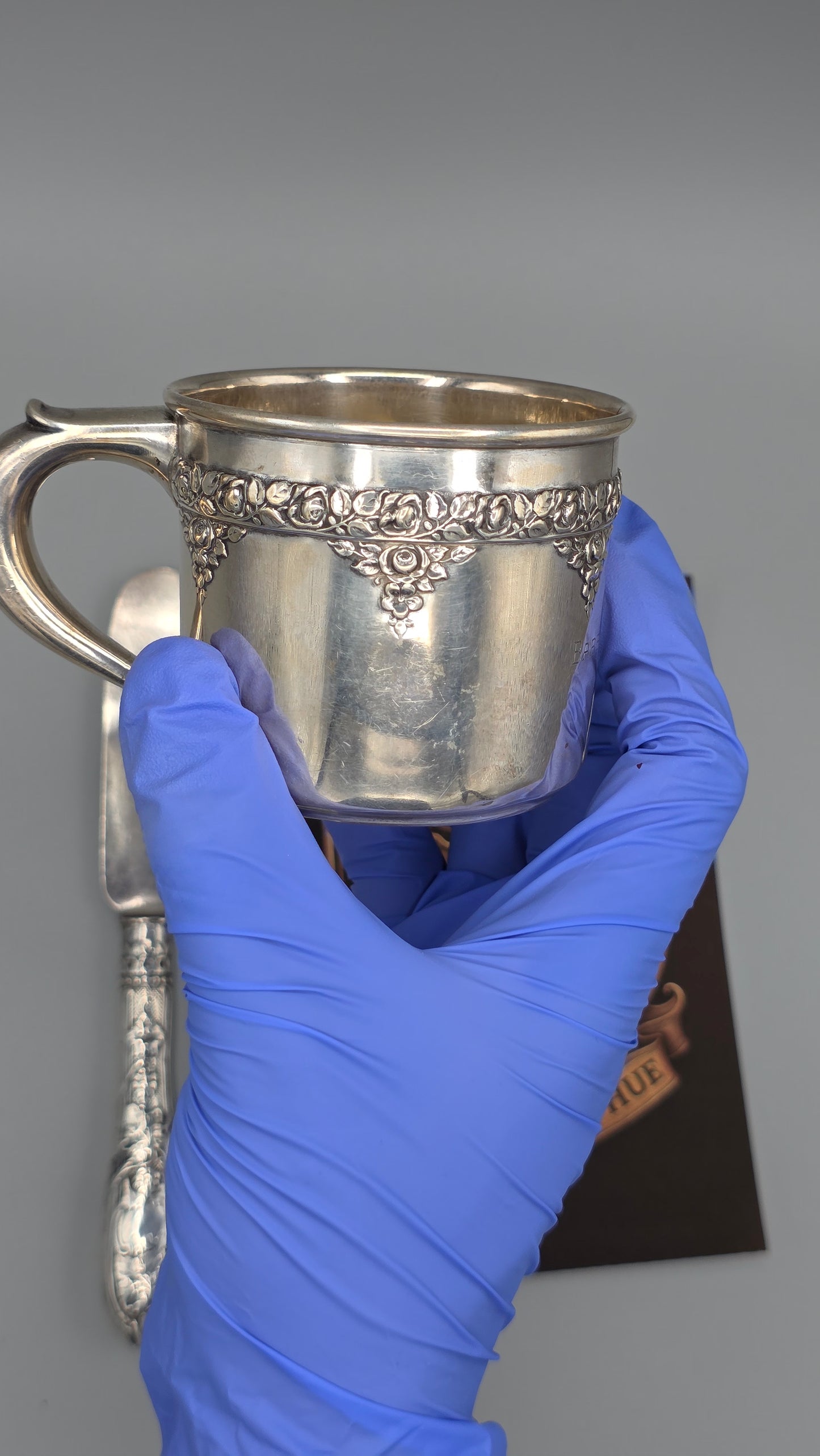Antique Silver Baby Cup with 1847 Rogers Bros “Remembrance” Fork & Knife – LeHue Exclusive