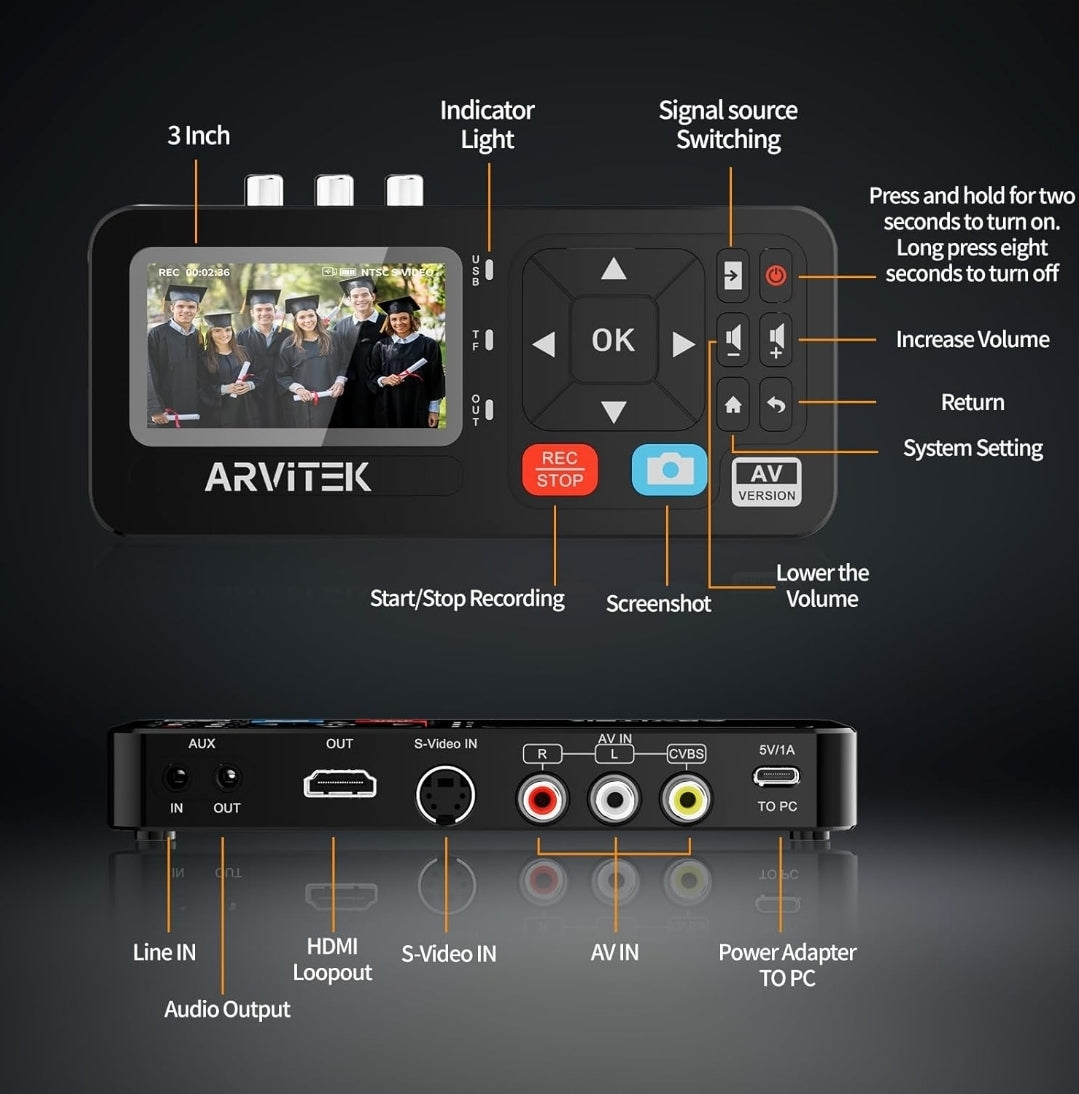 ARVITEK VHS to Digital Converter with Remote | 1080P Capture for VHS, VCR, DVD, DVR, Camcorders & Retro Consoles (Plug & Play)
