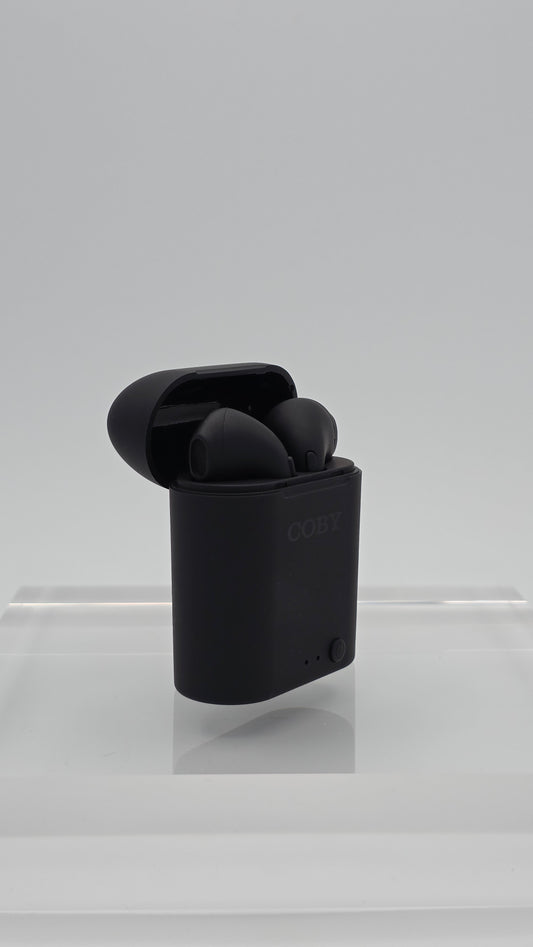 COBY Matte Black Wireless Earbuds – Bluetooth, Compact Charging Case (Model CETW511)
